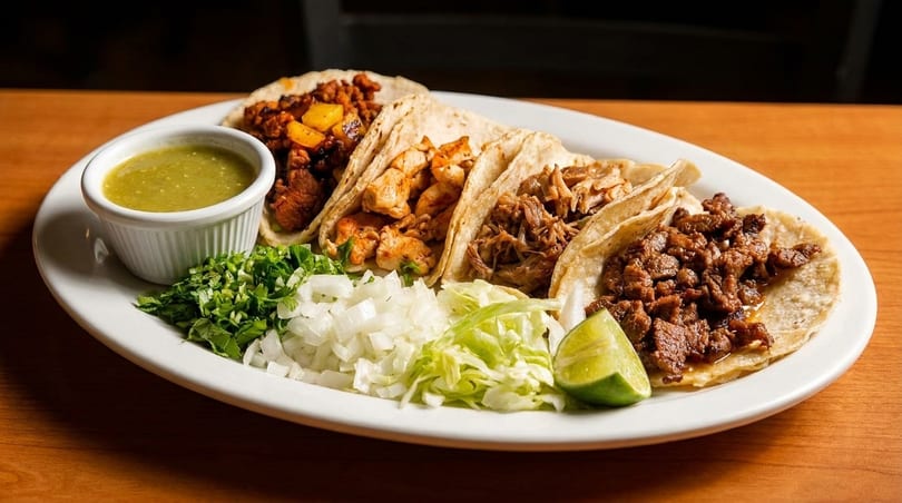 A white plate holds four tacos with various fillings, a side of green salsa, and chopped garnishes.