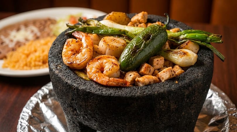 Molcajete with grilled shrimp, scallops, chicken, jalapeño, and green onions, with rice and beans in background.
