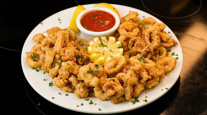 Crispy fried calamari with marinara sauce, lemon wedges, and parsley on a white plate.