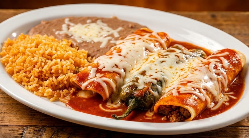 A white plate holds two cheesy enchiladas, a chile relleno, rice, and refried beans.