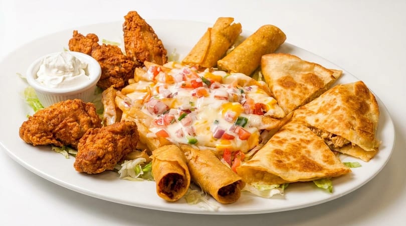 A platter of fried chicken, cheesy fries, quesadillas, and taquitos with a side of dipping sauce.